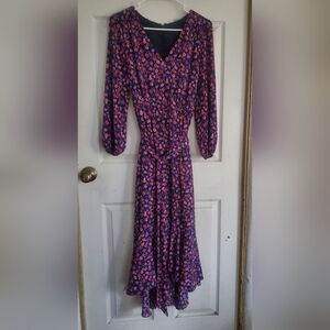 J. Crew Pink Floral V-Neck Long Sleeve Midi Dress on Navy, Size 6